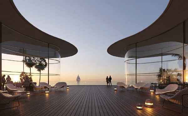 Curved roof details of an upmarket restaurant and (below) hotel facilities featuring natural materials